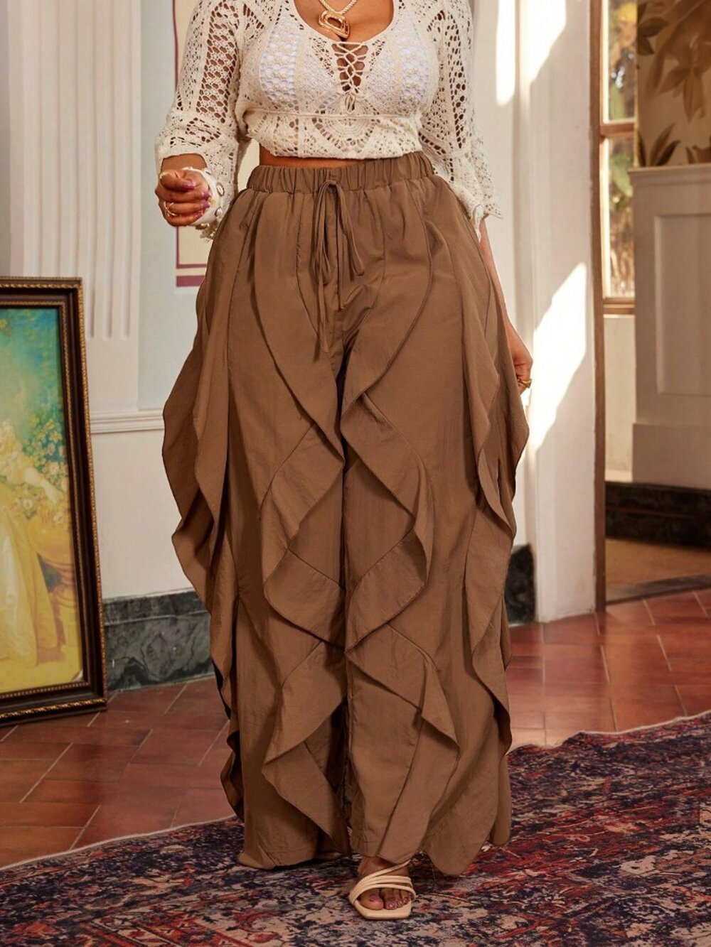 Brown Casual Women's Plus Size Ruffle Hem Pants - Picture 5 of 7